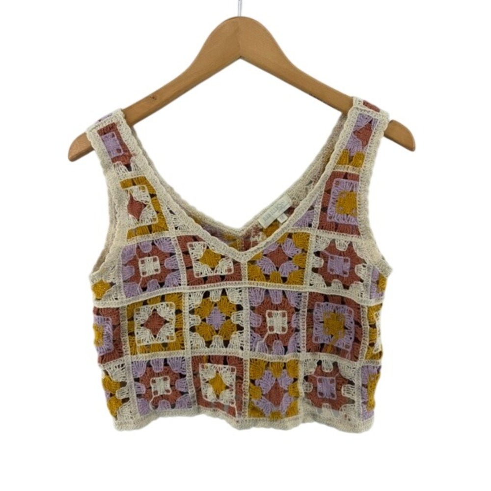 Rebellion Crochet Granny Square Tank Multicolor Boho Knit V-Neck Size M